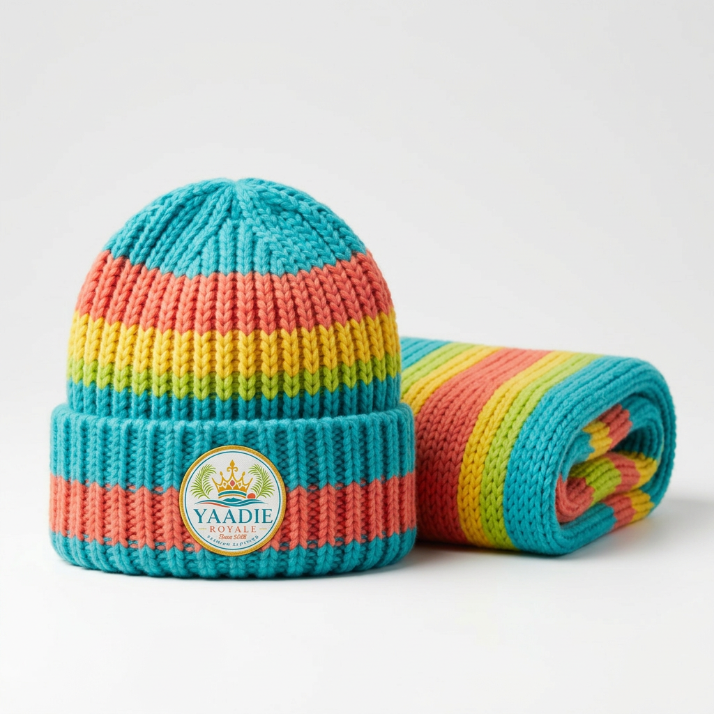 Yaadie Royale striped knit beanie and scarf set