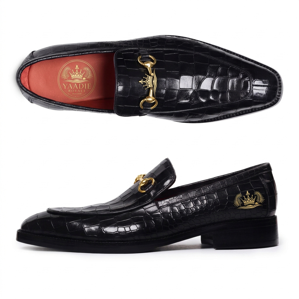 Yaadie Royale black crocodile-embossed loafer with gold crest