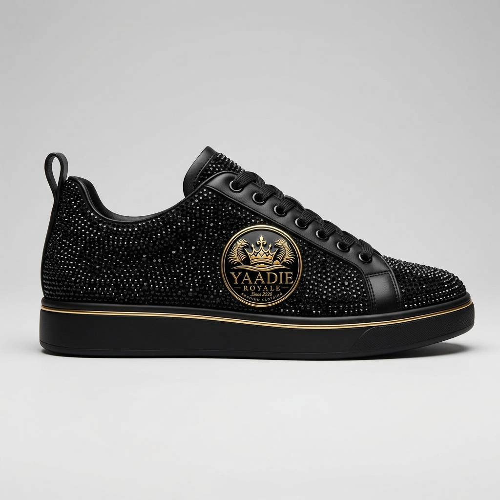 Yaadie Royale black crystal sneaker with gold crest medallion