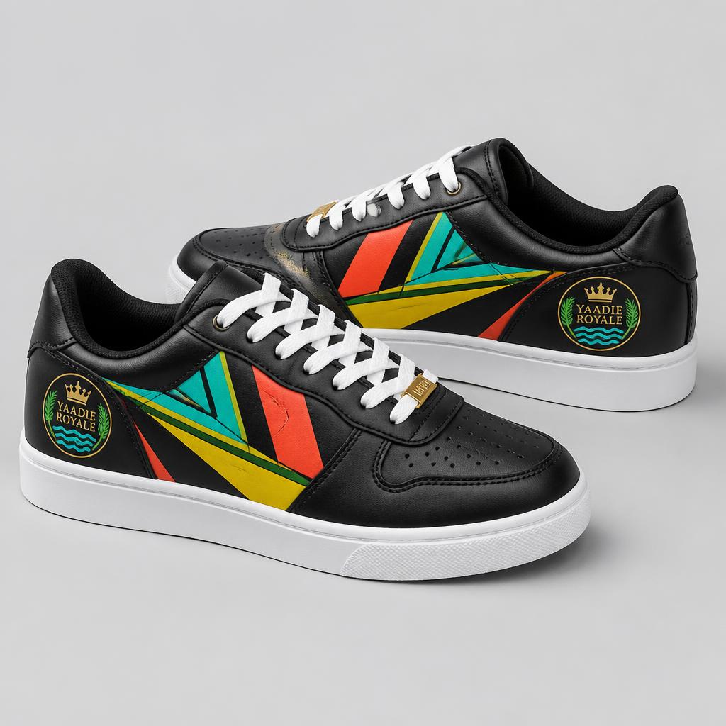 Yaadie Royale black low-top sneakers with Caribbean geometric panels