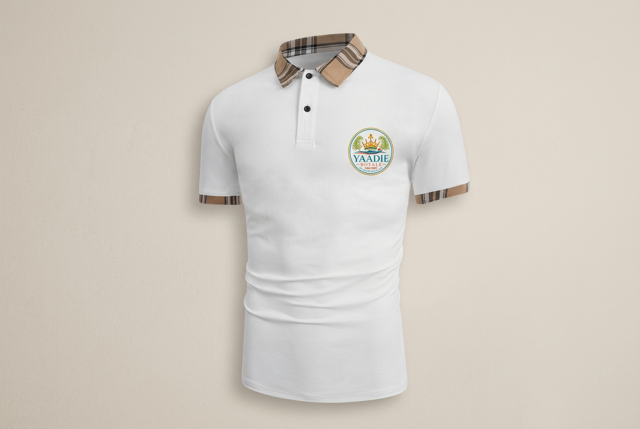 Yaadie Royale white polo with tan check collar