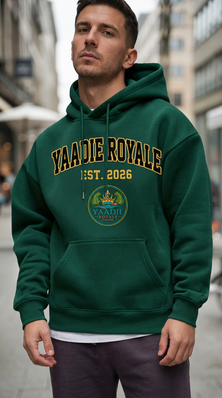 Man wearing the Yaadie Royale green varsity hoodie with gold lettering