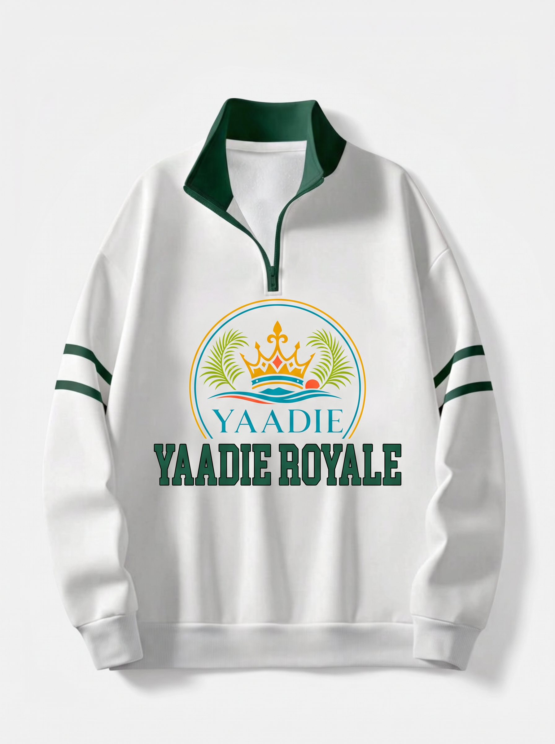 Yaadie Royale white half-zip varsity fleece with green collar