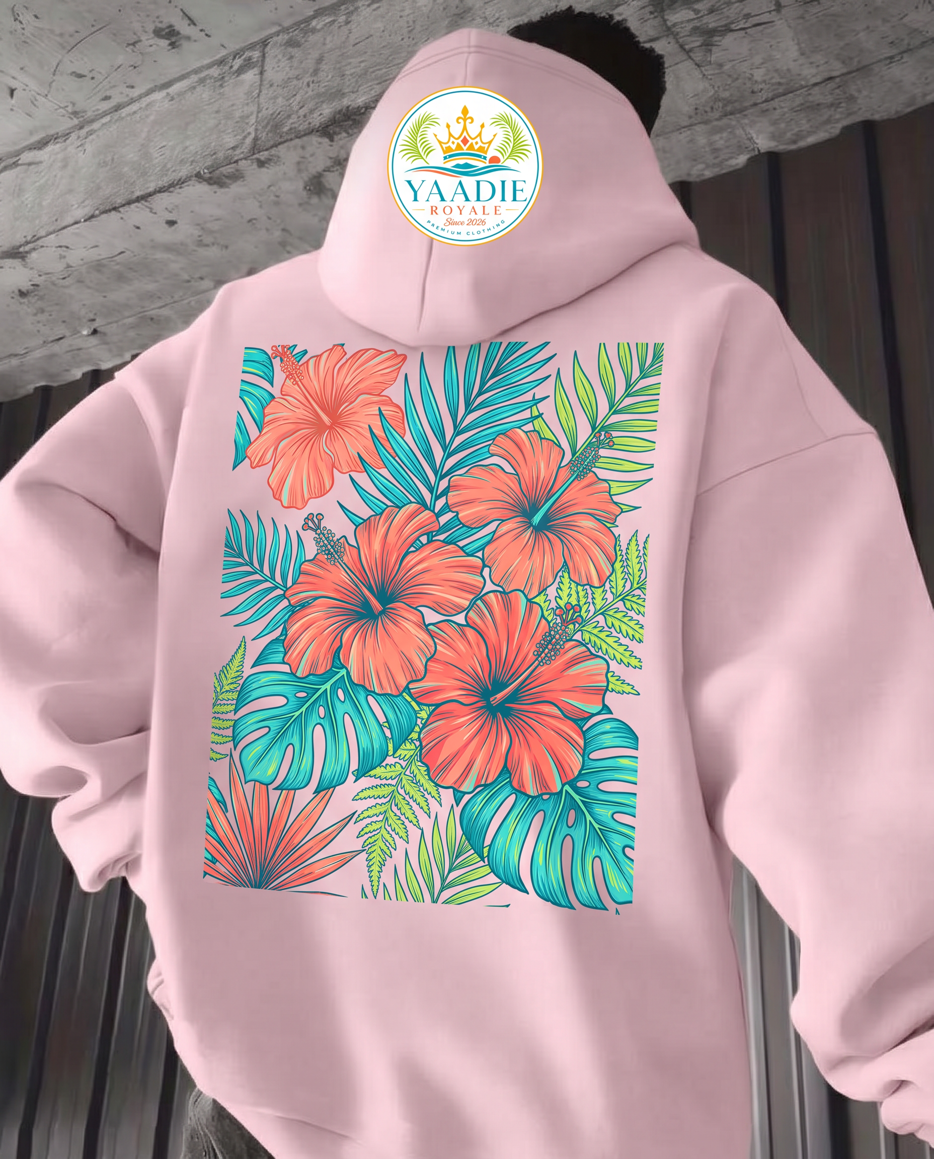 Yaadie Royale pink island bloom hoodie with the crest
