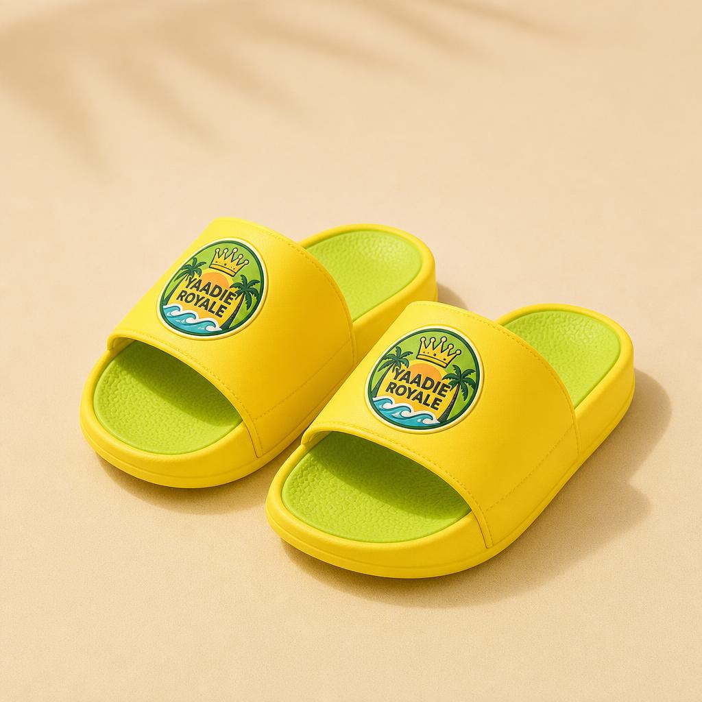 Yaadie Royale kids' yellow slide sandals with the crest logo