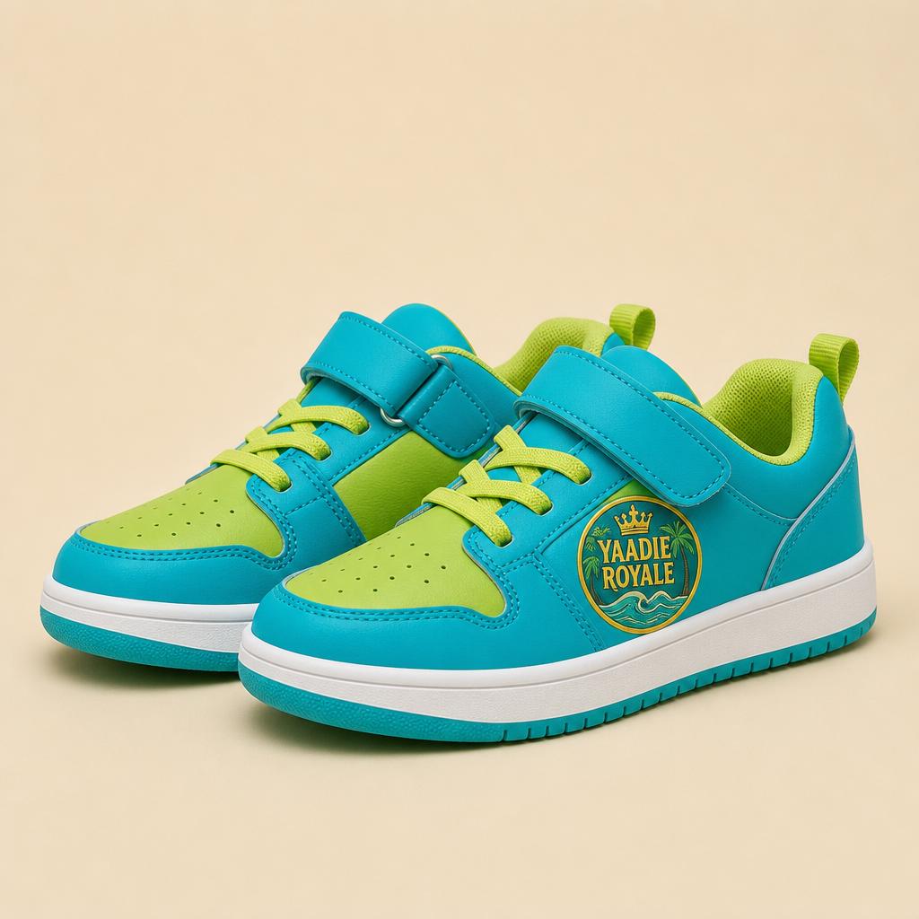Yaadie Royale kids' turquoise and lime sneakers with the crest logo