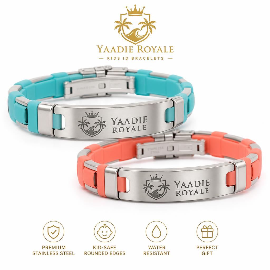 Yaadie Royale kids' stainless steel ID bracelets in turquoise and coral