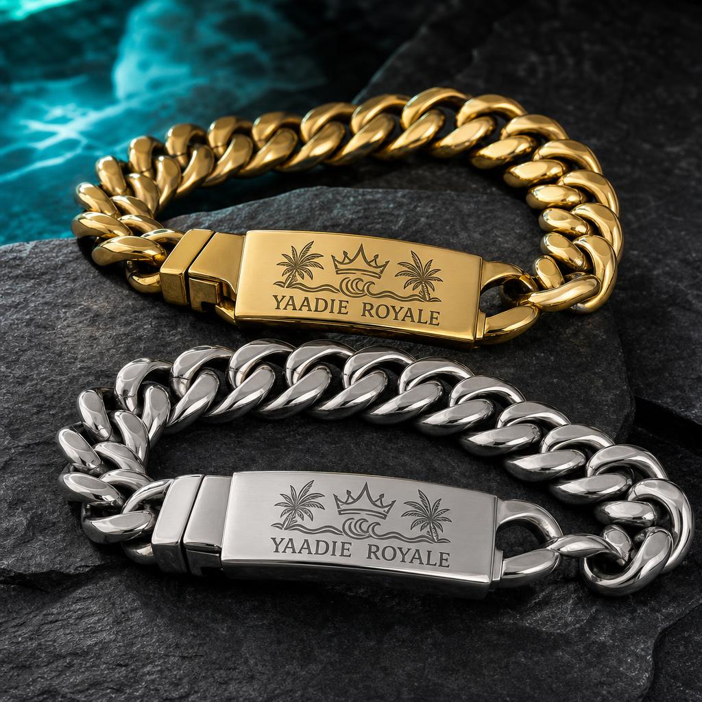 Yaadie Royale gold and silver link bracelets with engraved crest plates