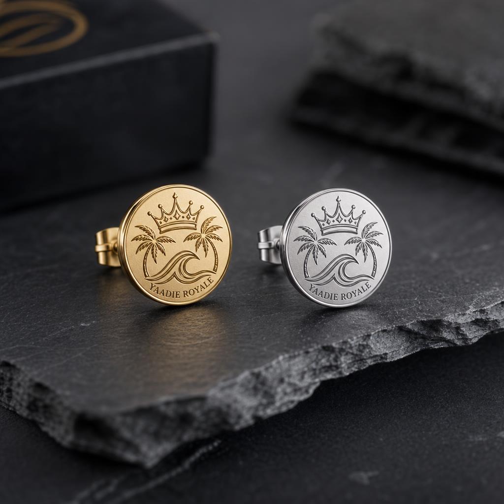 Yaadie Royale men's gold and silver crest stud earrings