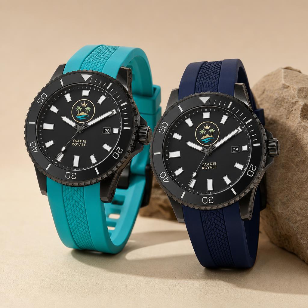 Yaadie Royale sport watches with turquoise and navy rubber straps