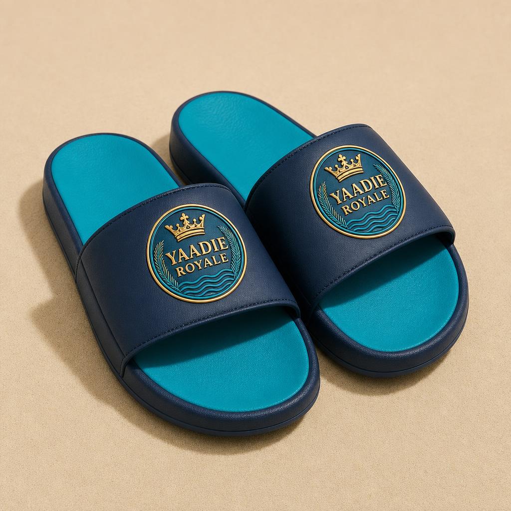 Yaadie Royale men's navy slide sandals with the crest logo