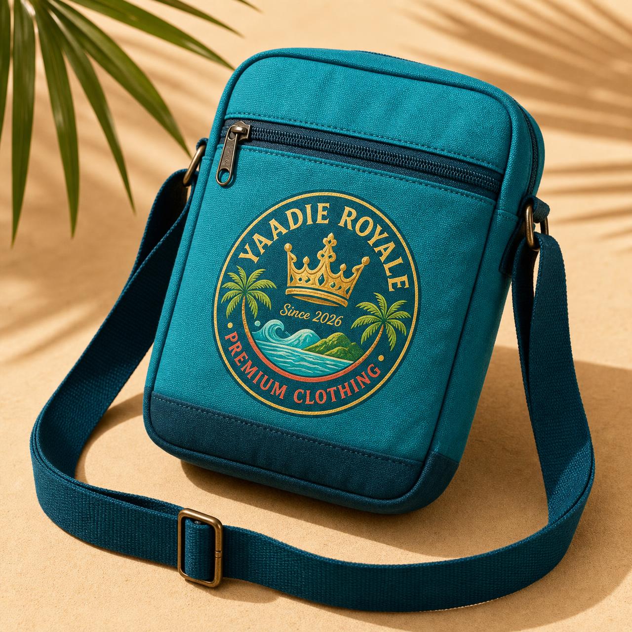 Yaadie Royale teal canvas sling bag with the crest logo