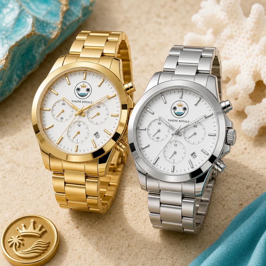 Yaadie Royale gold and silver chronograph watches with the crest logo on the dial