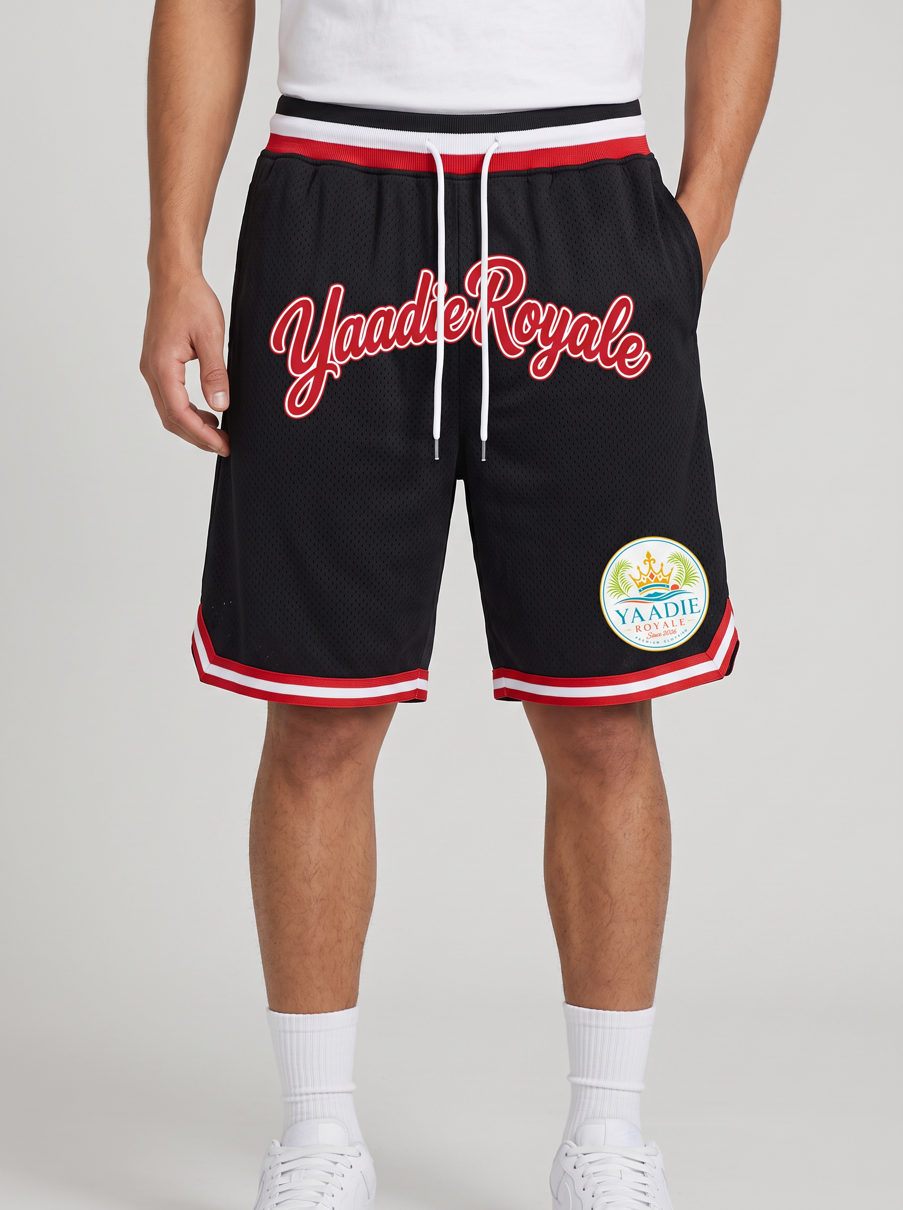 Yaadie Royale black mesh basketball shorts with red trim