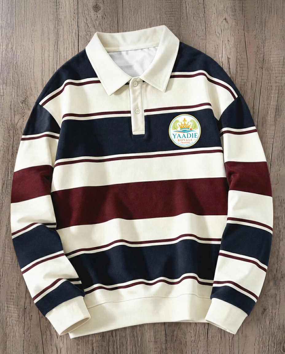 Yaadie Royale cream, navy and burgundy striped collared sweatshirt