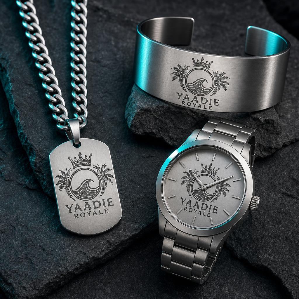 Yaadie Royale stainless steel chain, cuff and watch engraved with the crest logo
