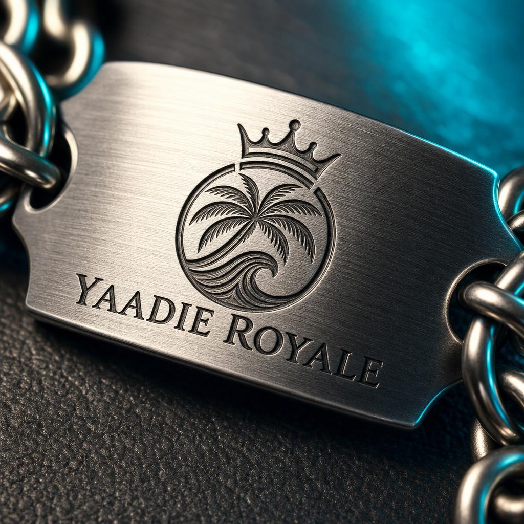 Close-up of the Yaadie Royale crest laser-engraved into a stainless steel plate