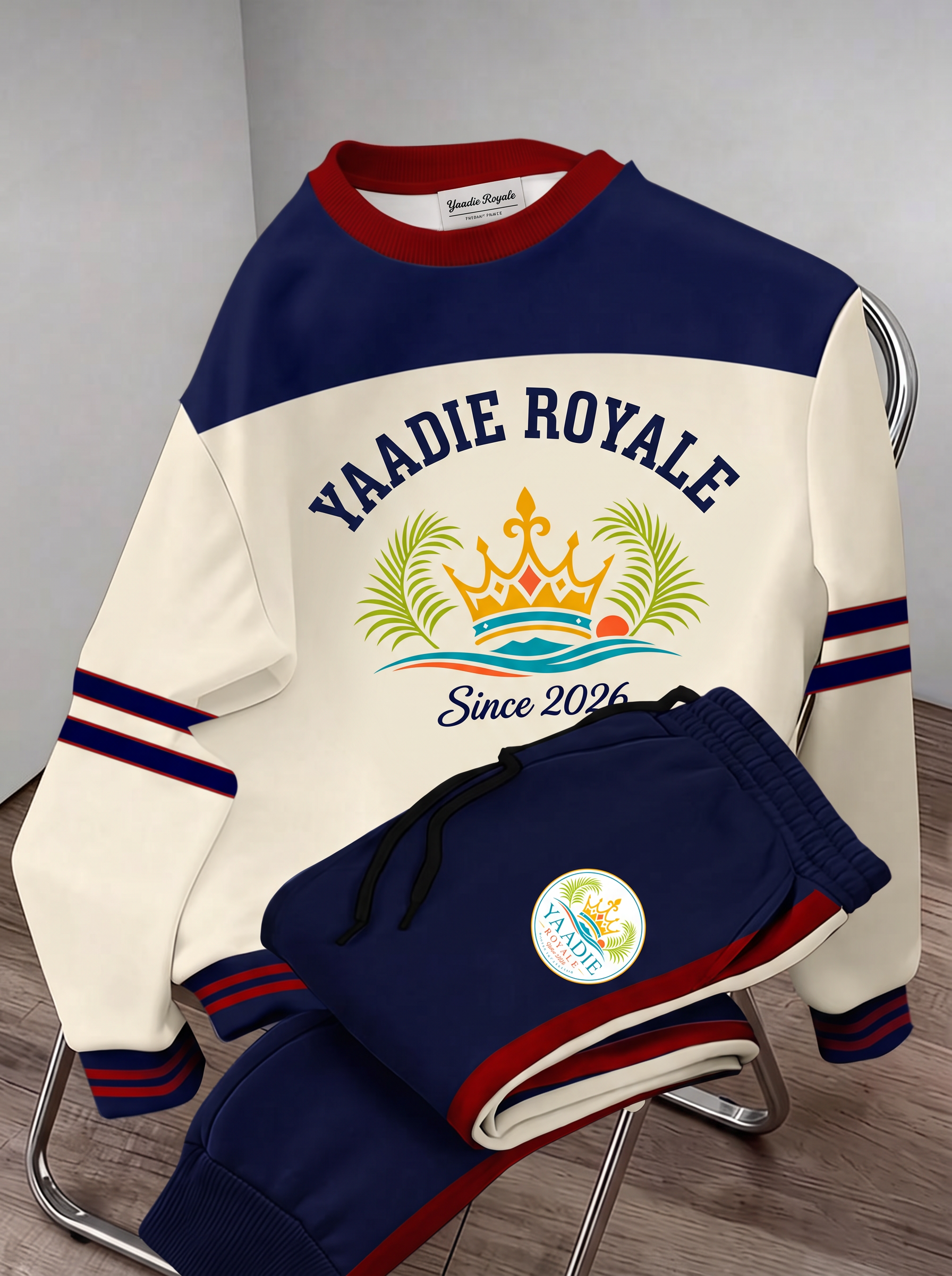 Yaadie Royale navy and cream varsity crew and jogger set