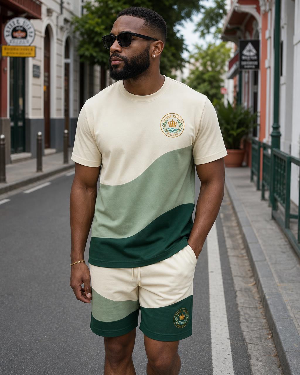 Yaadie Royale cream and green wave tee and shorts set