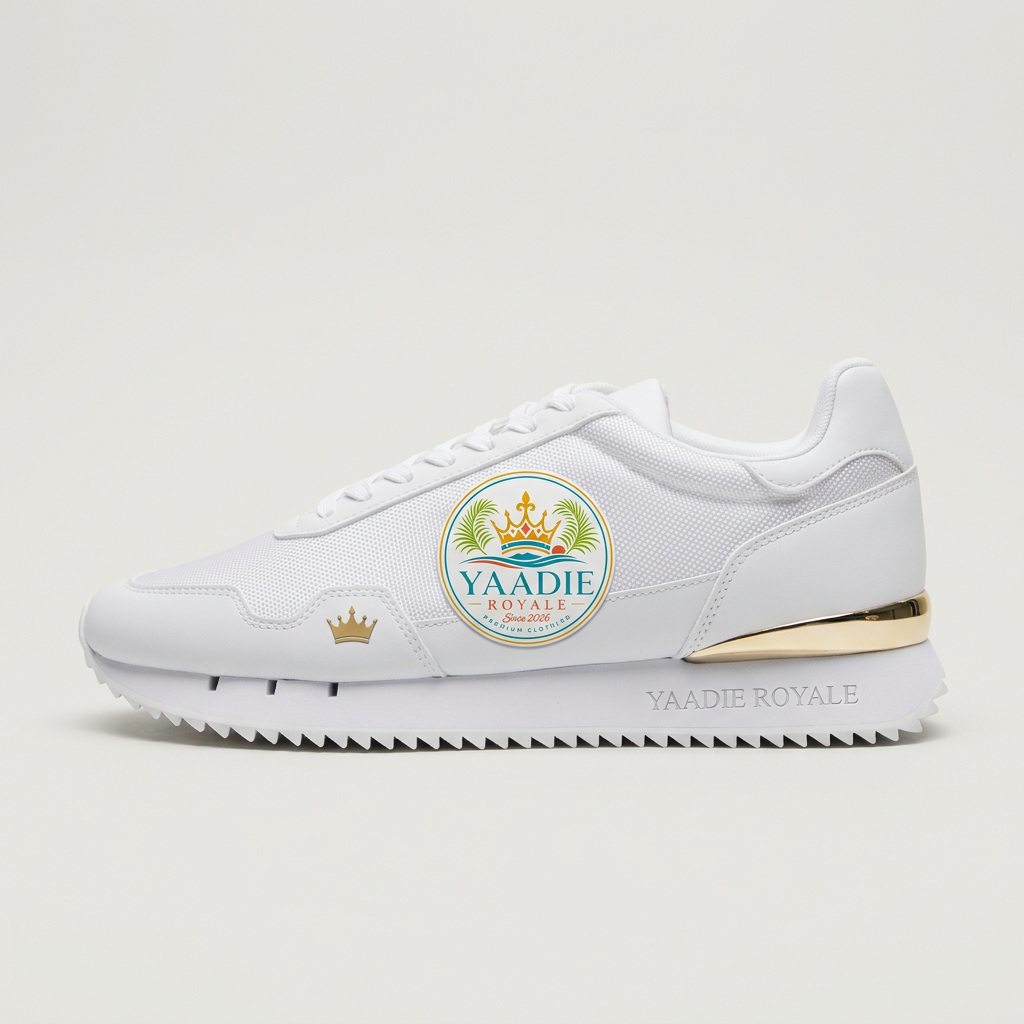 Yaadie Royale white and gold low-profile runner with crest logo
