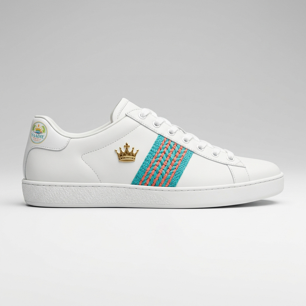 Yaadie Royale white court sneaker with turquoise and coral details