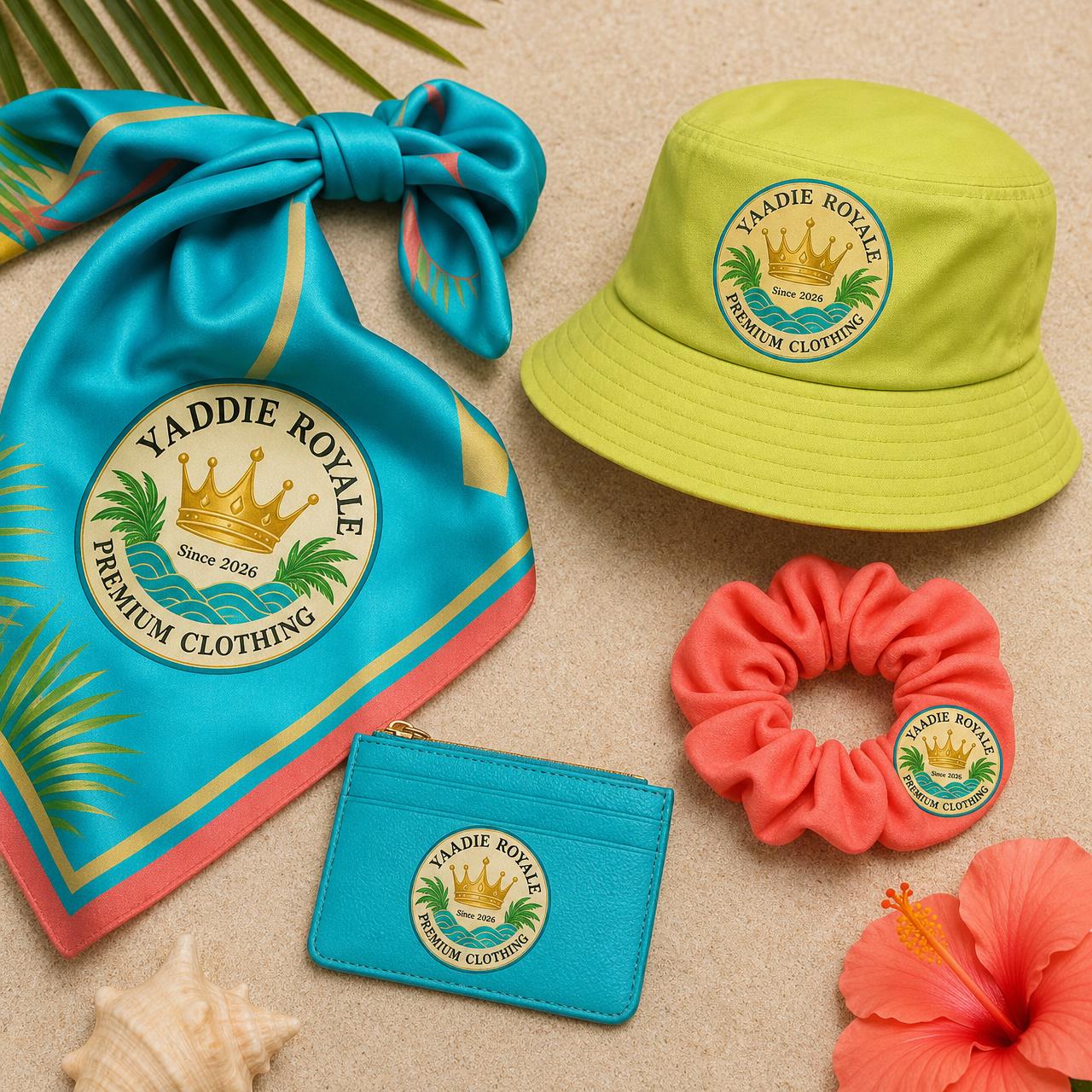 Yaadie Royale scarf, bucket hat, scrunchie and card wallet with the crest logo