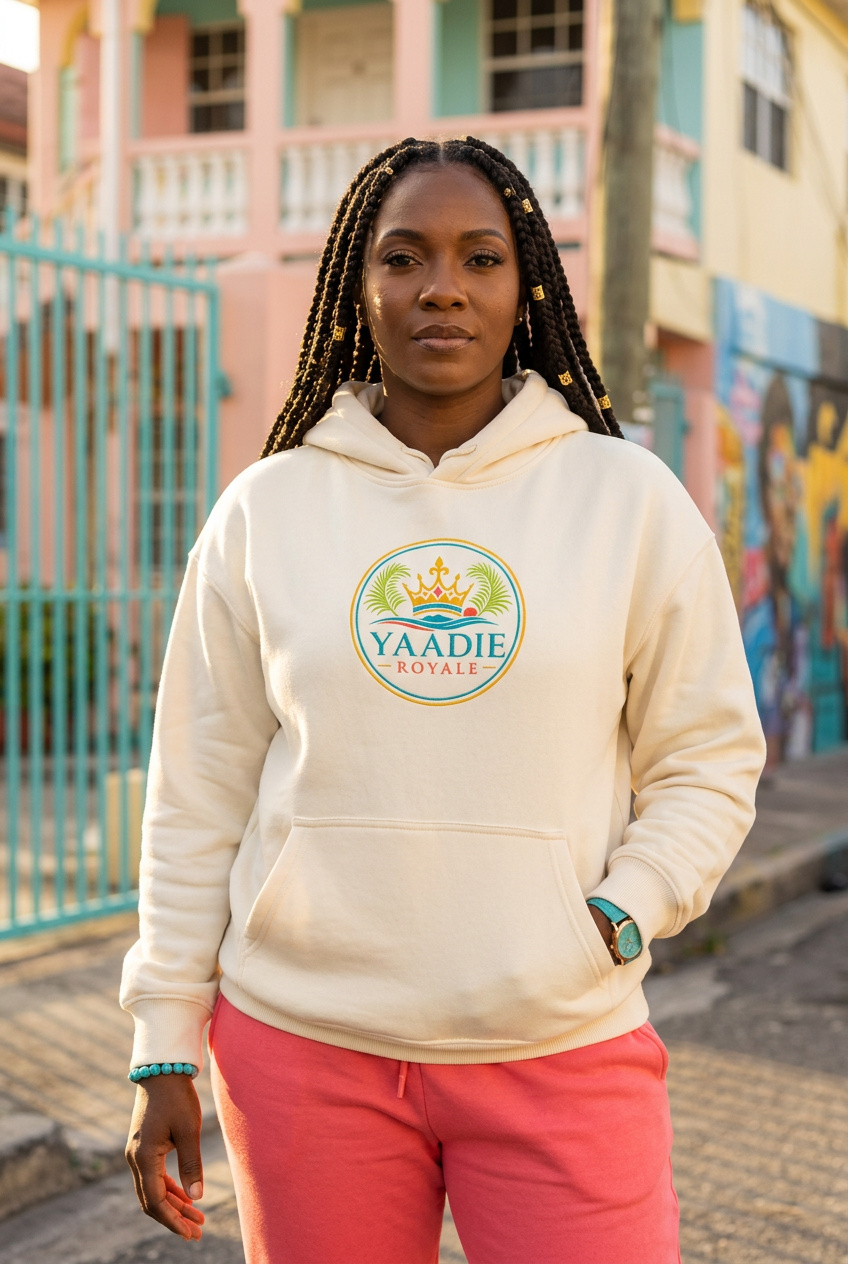 Woman wearing a Yaadie Royale hoodie in a coordinated look