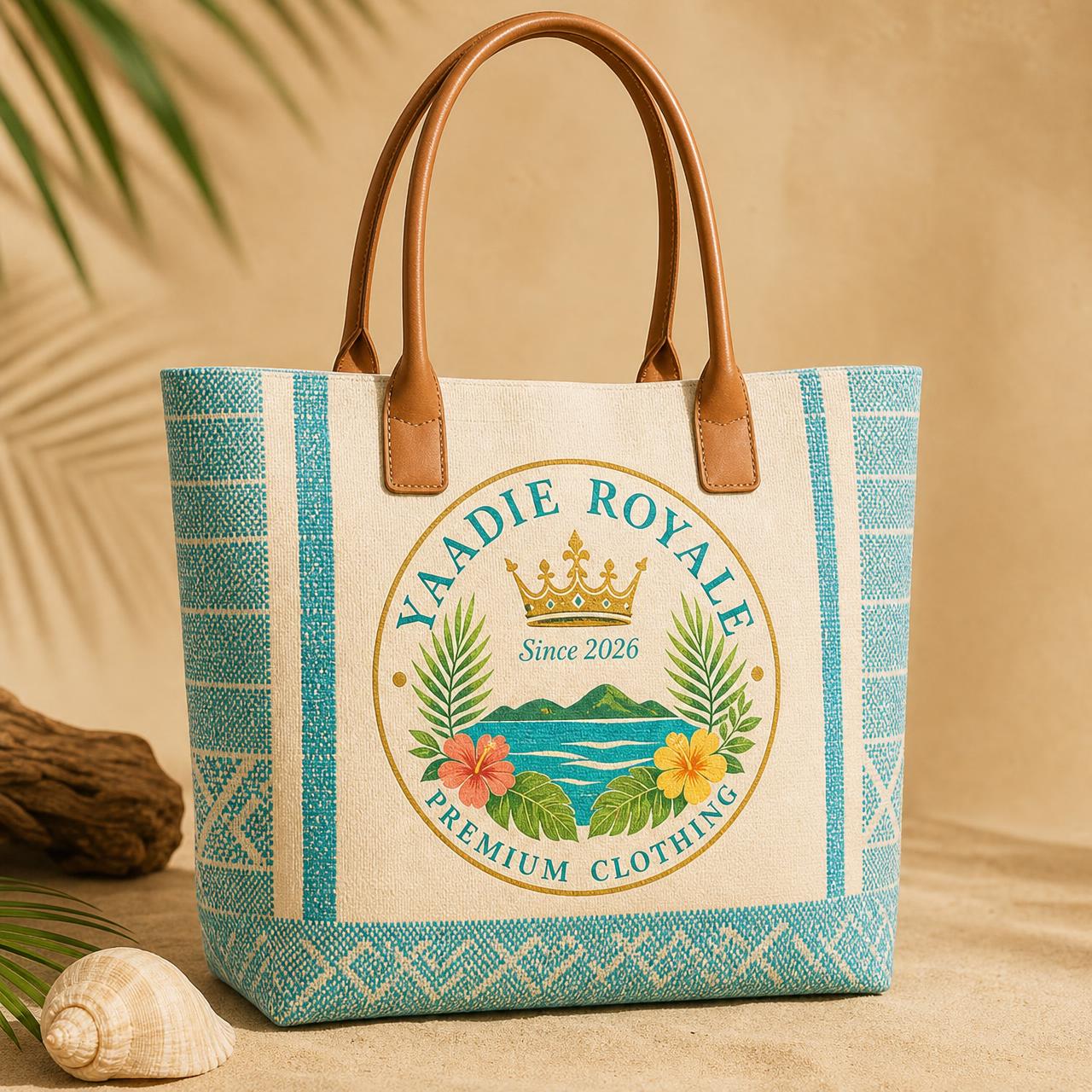 Yaadie Royale woven turquoise tote bag with crest logo