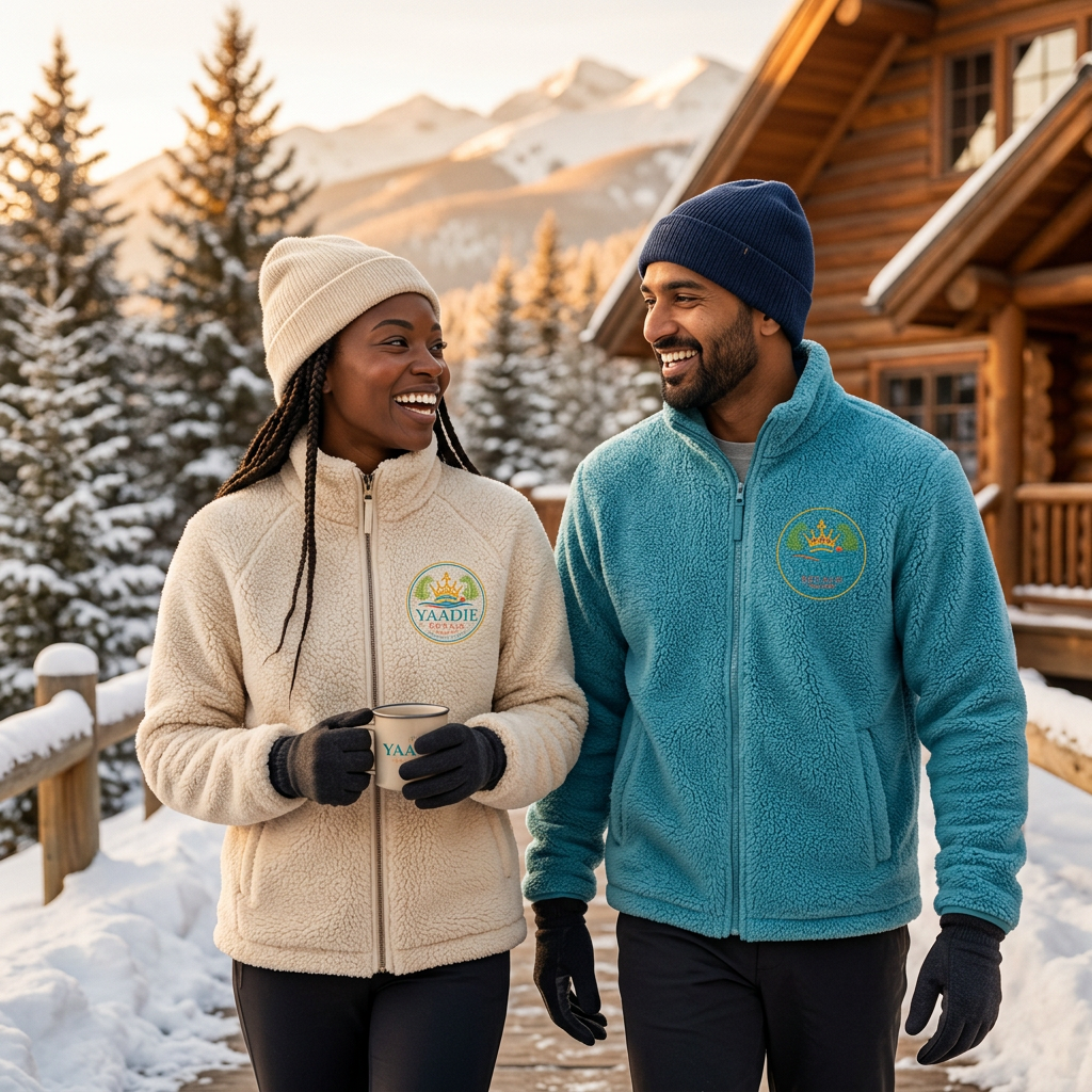 Two adults wearing Yaadie Royale zip-up fleece jackets